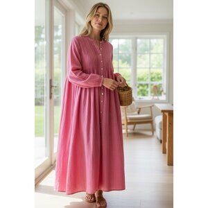 LLBean Dobby Pintuck Flannel Nightgown Tunic Large Pink Striped Peasant Prairie